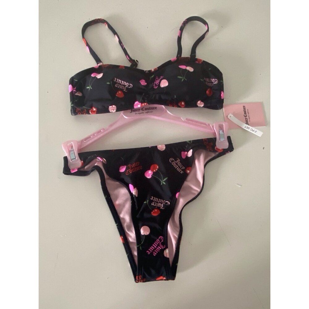Juicy Couture Bandeau Cherries Cherry Bikini Set Women’s Sz XS Ruched Bottom NEW